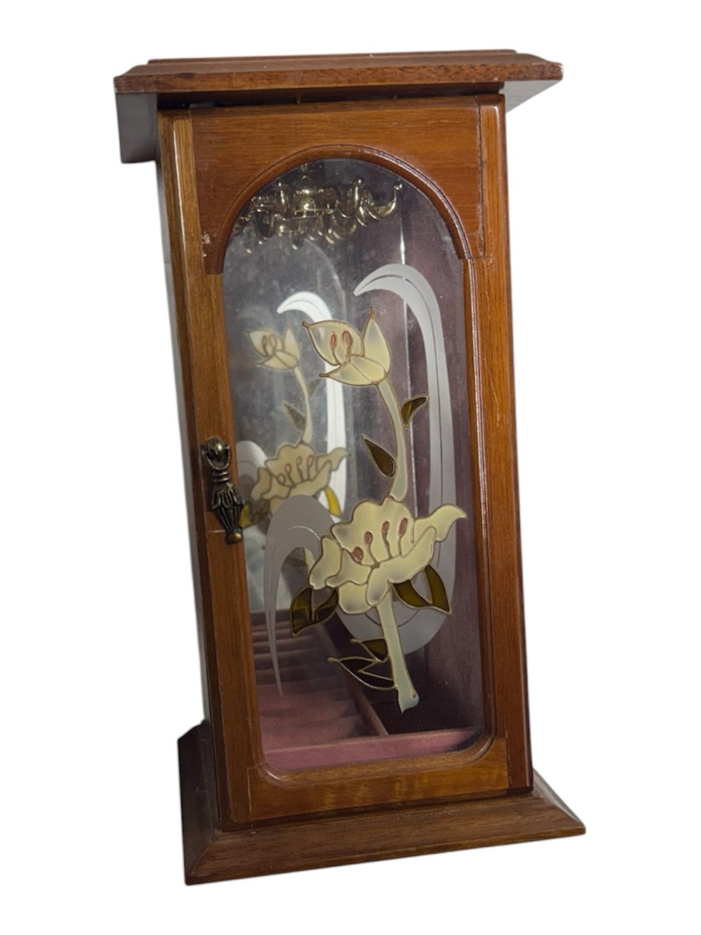 Rosalco 1987 vintage jewelry box holder with stained glass lily on hinged door